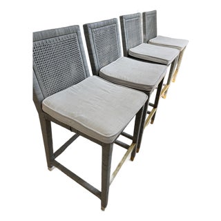 4 Serena & Lily Balboa Rattan Counter Stools in Mist With Chalk & White Perennials Cushions For Sale