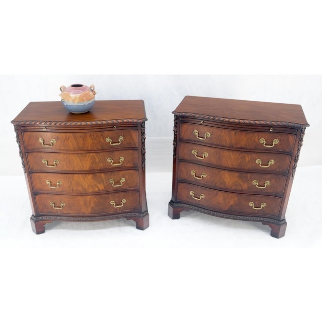 Mid 20th Century Pair Flame Mahogany Brass Pulls 4 Drawers Pull Out Trays Bachelor Chest Dresers For Sale - Image 5 of 15