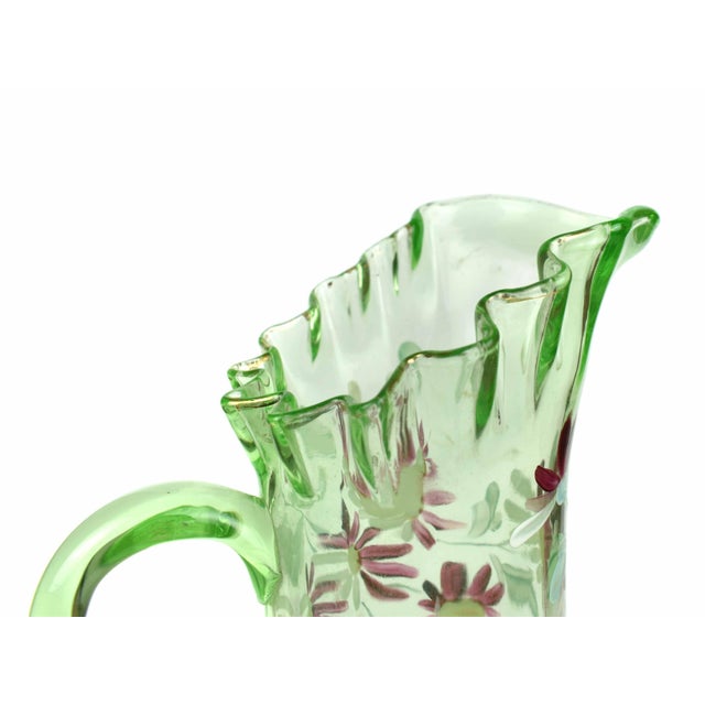 Early 20th Century Large Hand Blown Uranium Glass Pitcher With Ruffle