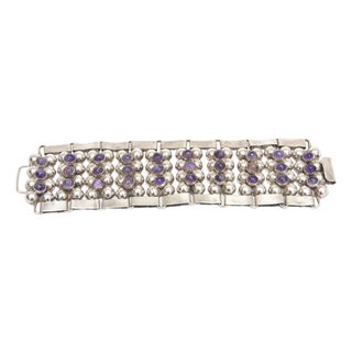 Vintage Sterling Silver Cuff Bracelet With Amethyst, 1950's For Sale