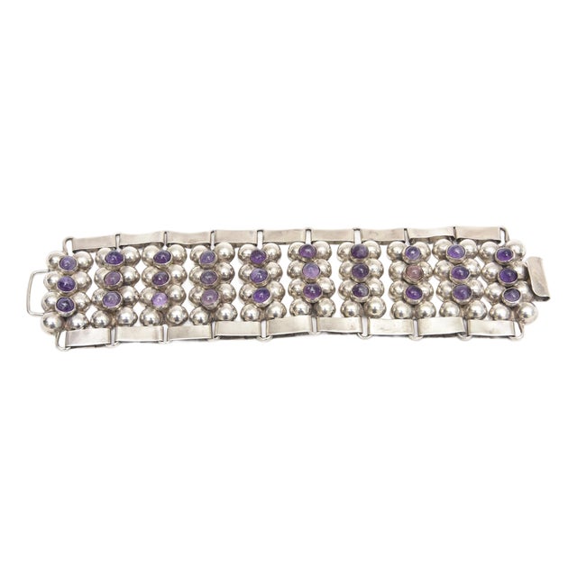 Vintage Sterling Silver Cuff Bracelet With Amethyst, 1950's For Sale
