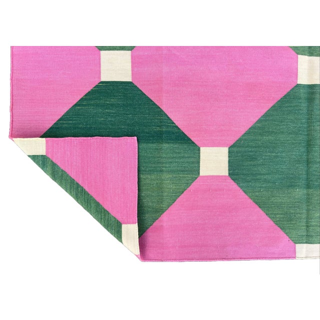 Casa Cosima Handmade Cotton Area Rug Pink, Cream and Green Tile Patterned Dhurrie - 6'x9' For Sale - Image 4 of 10