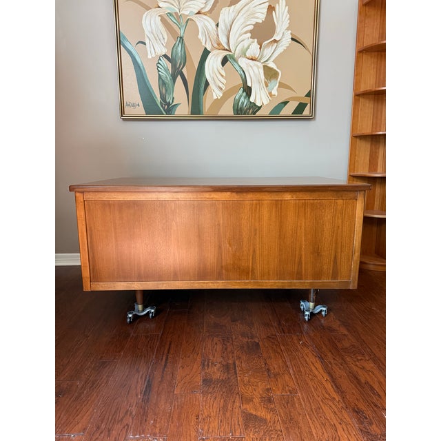 1950s Mid Century Walnut Executive Desk With Glass Top For Sale - Image 11 of 12