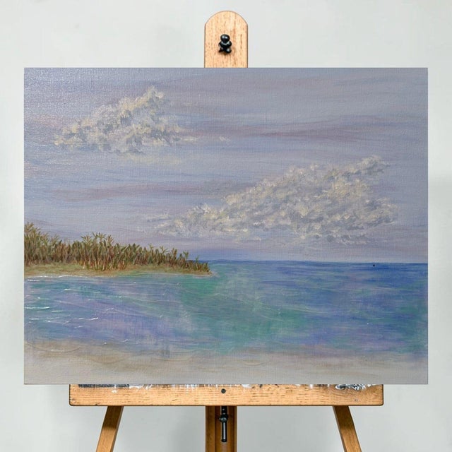 Bring the serenity of the ocean into your space with this tranquil mixed-media painting. Ideal for coastal decor or as a...