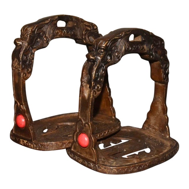 Pair of Antique Bronze Stirrups With Dragon Motif and Gemstone Inlays, 1.6kg For Sale