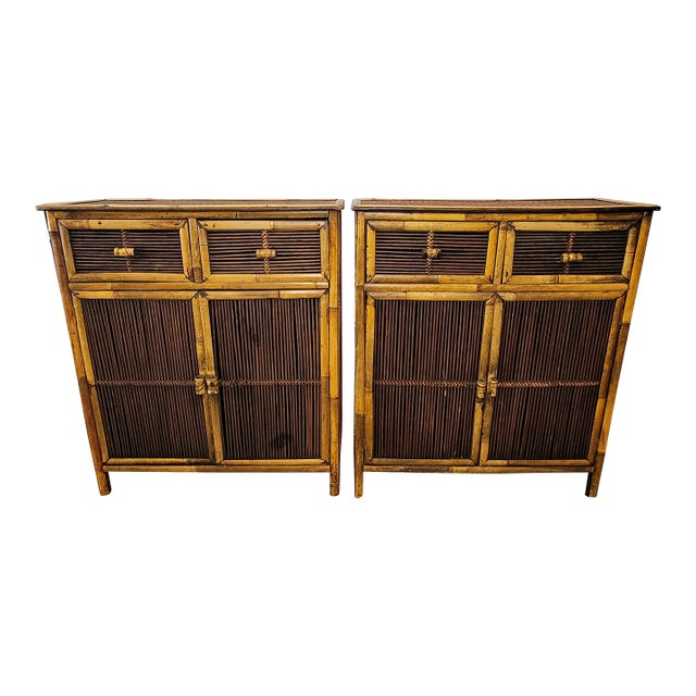 Pair of Vintage Burnt Tortoise Bamboo & Split Reed Cabinets - Late 20th Century Palm Beach Style For Sale