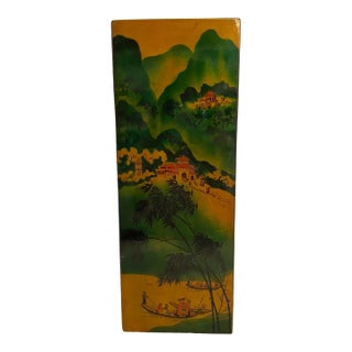 Vietnamese Hanging Lacquered Wood Painting of Rural Riverside Scene For Sale