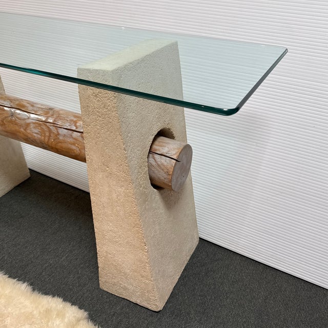 Sculpted Hand Plastered + Glass Console Table For Sale - Image 9 of 11
