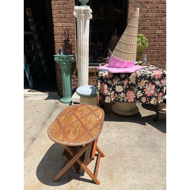 1970s 1970s Small Oval Wicker and Wooden Fold Up Side Table For Sale - Image 5 of 5