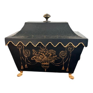 Chinoiserie Style Gilt Decorated Black Tole Box With Scalloped Lid by Sarreid For Sale