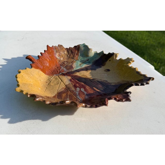 Signed Studio Pottery Leaf Form Decorative Dish For Sale - Image 4 of 10