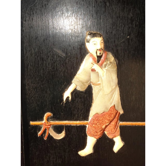 1950s Oriental Asian Black Pictures with Mother of Pearl 'Men Farming & Fishing' - a Pair For Sale - Image 5 of 9