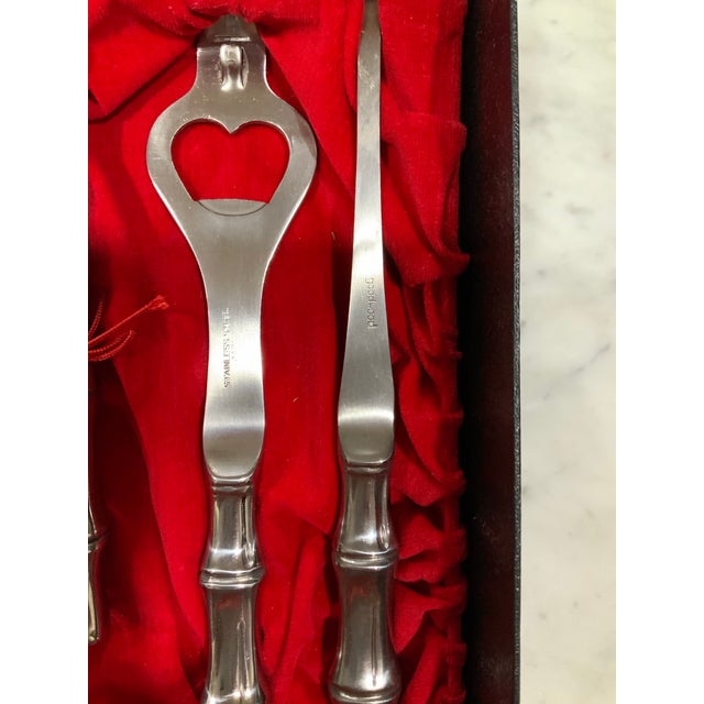 Silver Vintage Barware - MCM 5-Pc Silver Stainless Steel Bamboo Bar Tool Set by Goodwood in Original Box - Palm Beach Regency - British Colonial For Sale - Image 8 of 9