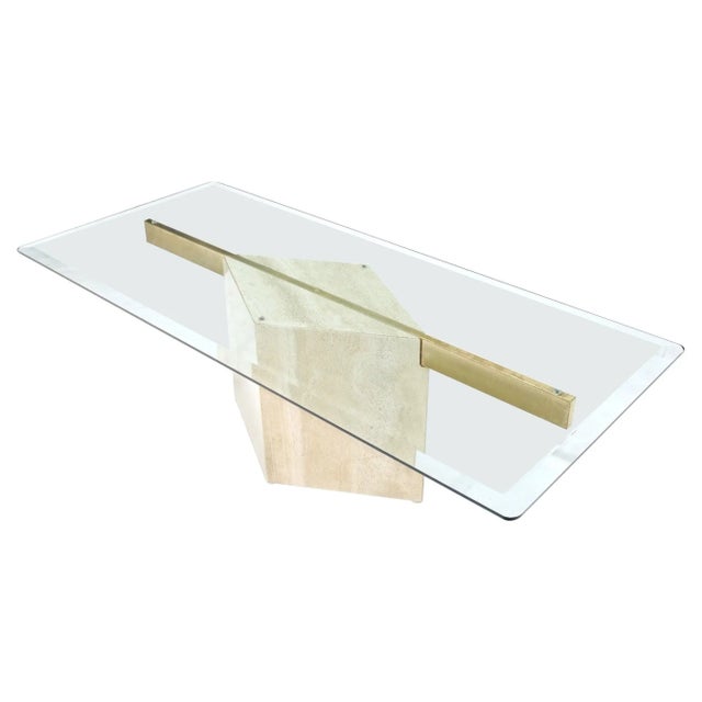 Diamond Shape Pedestal Travertine Base Glass Top Rectangle Coffee Table For Sale - Image 13 of 13