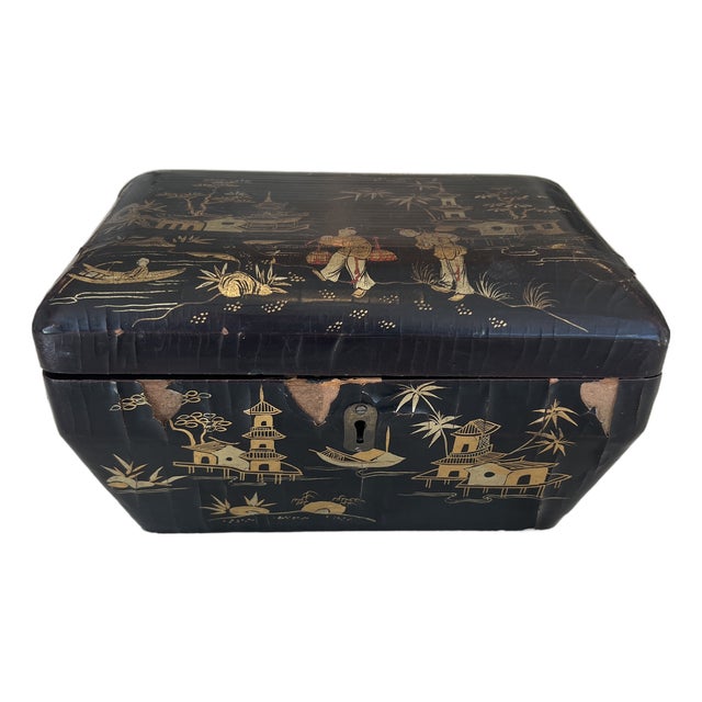 Antique Chinese Export Black Lacquered Tea Caddy For Sale