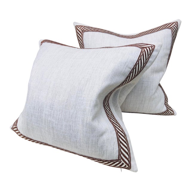 Banded Belgian Linen Pillows - a Pair. For Sale