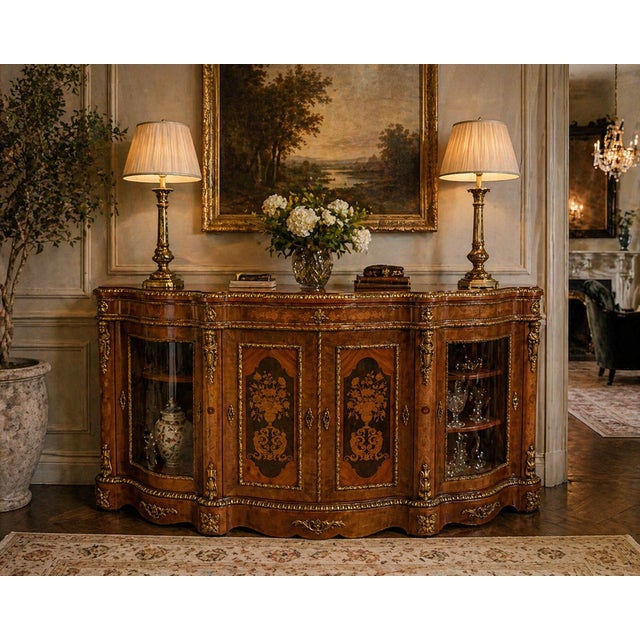 An exceptional antique English 4 door serpentine marquetry credenza of exhibition quality, crafted in the French taste and...