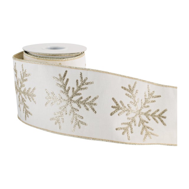 Add a touch of winter elegance to your holiday décor with this White & Gold Snowflake Wired Ribbon. Featuring shimmering...