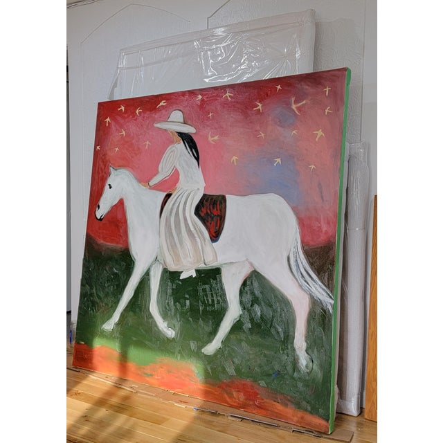 Textile Birds, Angels, and Horse Rider, Mixed Media Equestrian Landscape Oil Painting For Sale - Image 7 of 16