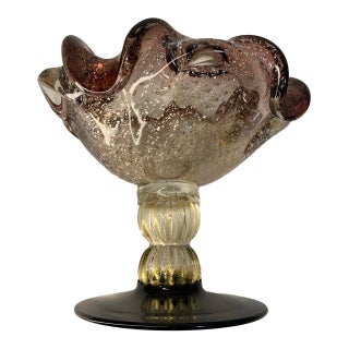 Vintage Venetian Murano Art Glass Compote Pedestal Bowl Gold Fleck and Bullicante For Sale