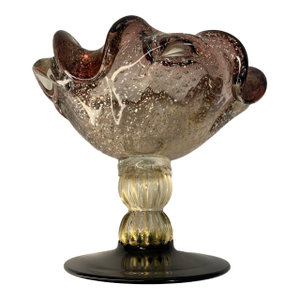 Vintage Venetian Murano Art Glass Compote Pedestal Bowl Gold Fleck and Bullicante