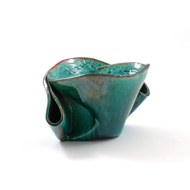 Large copper blue cartoccio with abstract texture, made and hand painted in Faenza majolica. Dimensions: 12 x 7 x h 10cm...