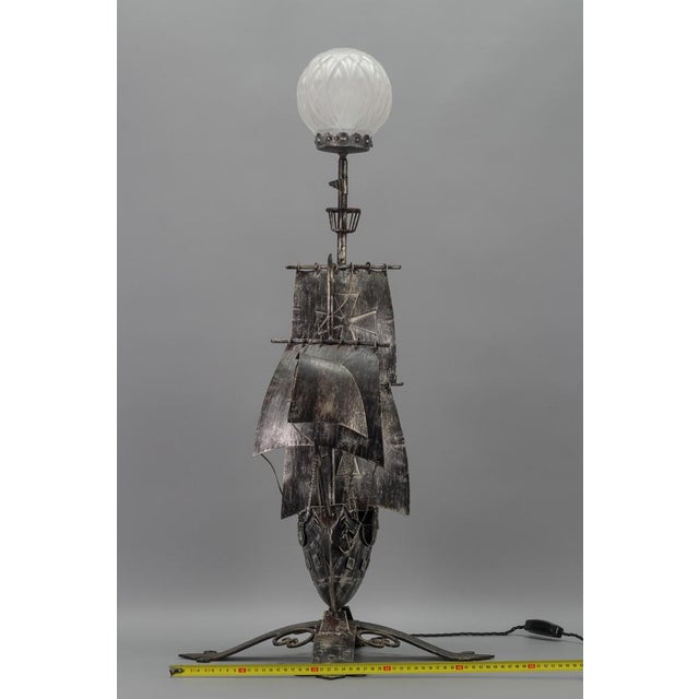 Spanish Wrought Iron and Glass Galleon Sailing Ship Shaped Floor Lamp, 1950s For Sale - Image 9 of 18