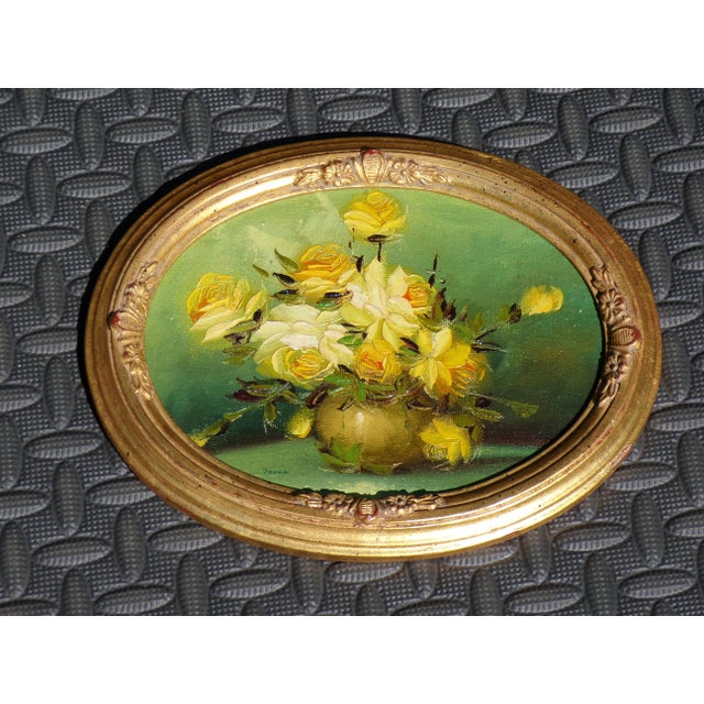 Traditional Vintage Pair Floral Still Life O/C Oil Paintings Oval Gold Frames Signed For Sale - Image 3 of 8