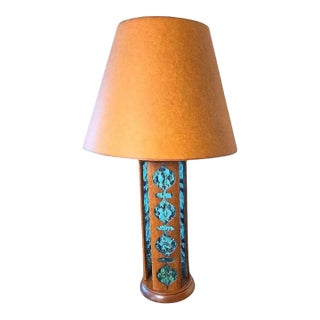 1960s Mid Century Modern Modeline Walnut & Textured Blue Glass Inlay Table Lamp - 37"h For Sale