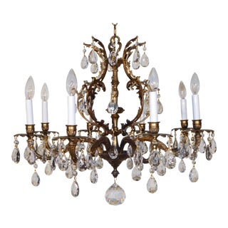 1950s French Rococo Brass Birdcage 8 Arm Cut Lead Crystal Large Chandelier For Sale