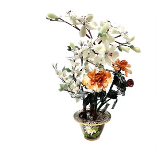 Large Vintage Chinese Hardstone Bonsai Tree in Cloisonné Planter For Sale