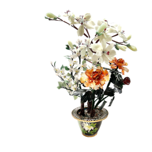 Vintage Chinese Hardstone Bonsai Tree Sculpture in Cloisonné Planter, Jade Quartz & Carnelian Gemstone Arrangement