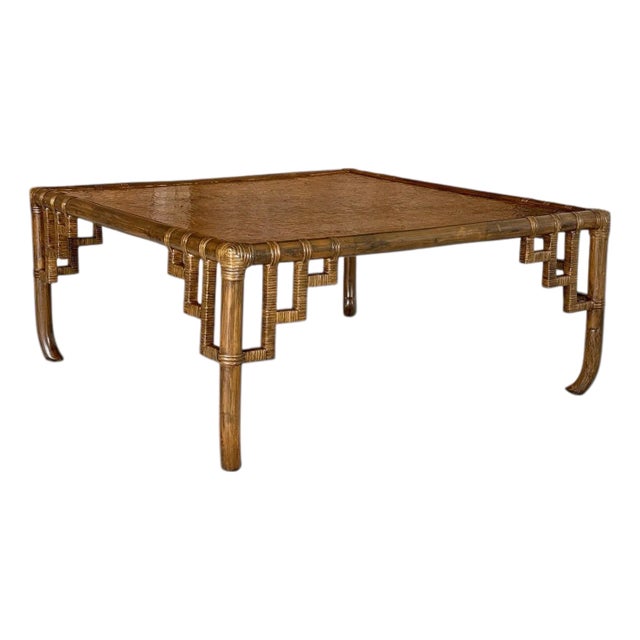 Mid-Century Organic Modern Rattan Fretwork Coffee Table With Mosaic Wood Inlay Top Manner of John Wisner For Sale