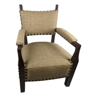 Mid-Century Mission Arts & Crafts Wood Upholstered Armchair With Nailhead Trim For Sale