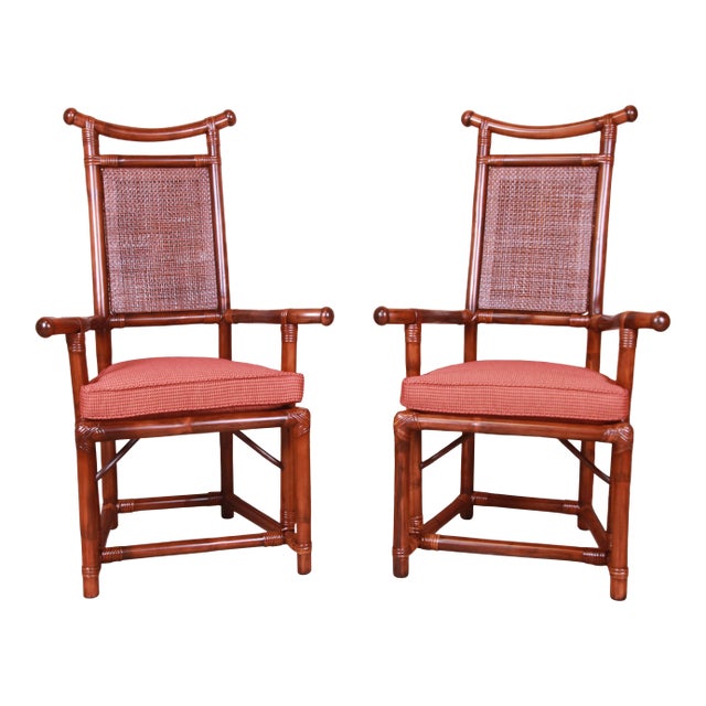 Henry Olko for Willow and Reed Pagoda Collection Sculpted Rattan and Cane Throne Chairs, Fully Restored For Sale