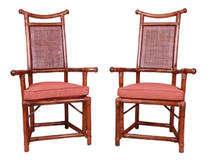 Henry Olko for Willow and Reed Pagoda Collection Sculpted Rattan and Cane Throne Chairs, Fully Restored