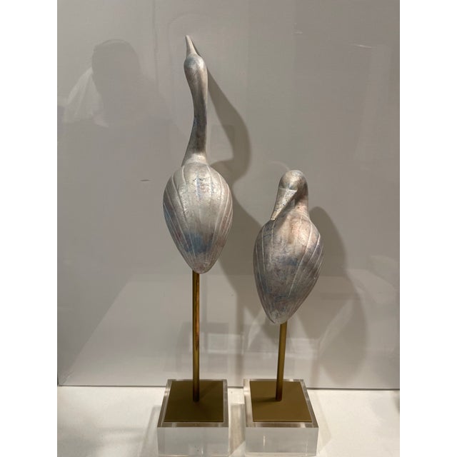 Silver 1970s Hollywood Regency Silver Leaf Crane Sculptures on Thick Lucite Bases - A Pair For Sale - Image 8 of 12