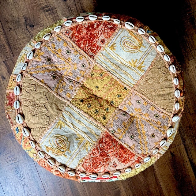 2000 - 2009 Pouf India Khambadiya Colorful Patchwork Stool - Shells Mirrors Abc Furniture Boho Chic For Sale - Image 5 of 12