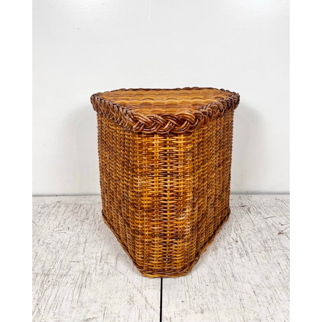 Boho Chic Vintage Wicker Rattan Triangle Side Table For Sale - Image 3 of 8