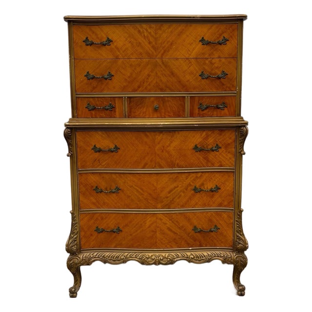 Vintage French Provincial Bombe Highboy Dresser With Inlaid Wood & Gilt Trim, Serpentine Front For Sale