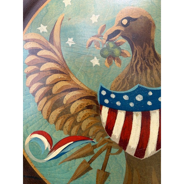 Vintage Round Wooden Hand Painted Eagle With Shield Wall Decor For Sale - Image 4 of 13