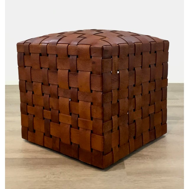Modern Saddle Brown Leather Basket Weave Design Ottoman Chairish