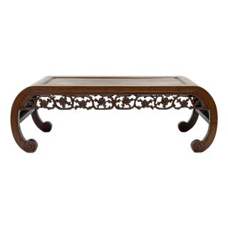 Vintage Brown Flower Open Work Apron Scroll Leg Low Kang Coffee Table Gb345 For Sale