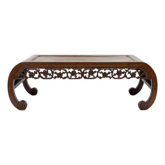 Vintage Brown Flower Open Work Apron Scroll Leg Low Kang Coffee Table Gb345 For Sale