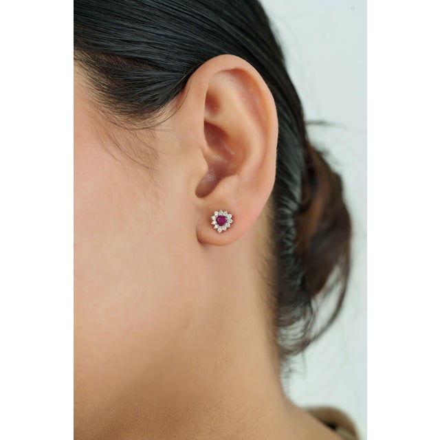 Metal Heart-Cut Ruby & Diamond Floral Halo Stud Earrings in 14k White Gold- A Pair For Sale - Image 7 of 14