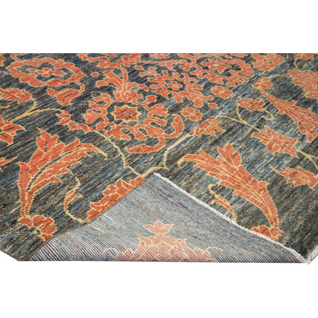 Modern Modern Oushak Handmade Floral Designed Gray and Orange Oversize Wool Rug For Sale - Image 3 of 10