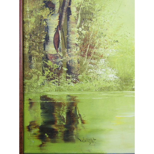 Impressionist Serene Green - Vintage Oil Painting by Jo Ann Wright, Listed Texas Artist - Forest Trees With Water Scene For Sale - Image 3 of 10
