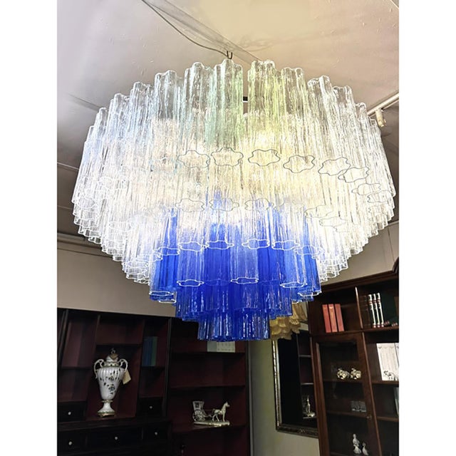 Huge transparent and blue "tronchi" murano glass chandelier by simoeng 6 levels of "tronchi"glass in venini style in...