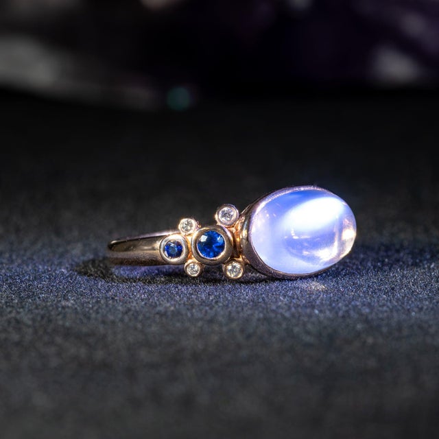 Rainbow Moonstone Ring With Natural Diamond & Blue Sapphire Accents: 14k Gold, Size 6.75 For Sale In Columbus - Image 6 of 9