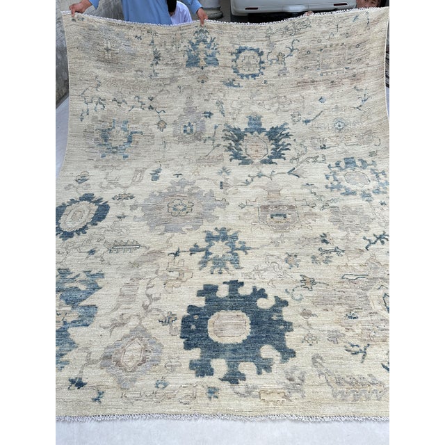 Textile Oushak Handmade Wool Rug With Oversized Blue Florals For Sale - Image 7 of 8